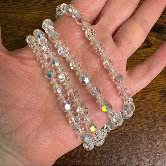 Aurora Borealis Crystal Choker Necklace Layered Beaded Iridescent AB Vintage - Picture 8 of 11